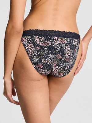 Pink Pamuklu Dantel Kenarlı Bikini Külot - Lacivert Çiçek Baskılı