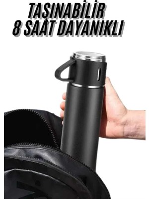 Termos Seti 3'lü Bardak Seti Isı Dayanıklı Siyah Paslanmaz Çelik Vakumlu