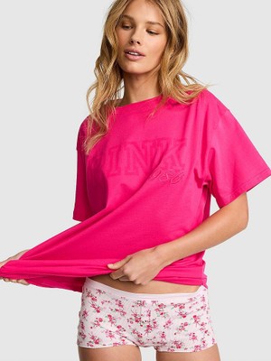 Pink Oversize Kısa Kollu Kampüs Tişört - Fuşya