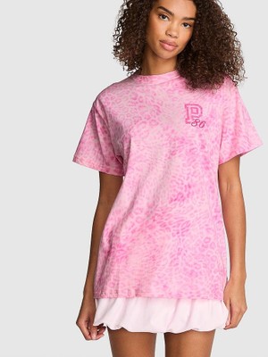 Pink Oversize Kısa Kollu Kampüs Tişört - Pembe Leoparlı