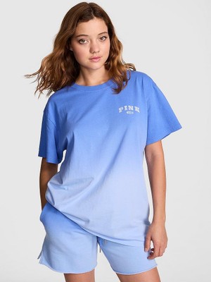 Pink Oversize Kısa Kollu Kampüs Tişört - (Tek Renk)
