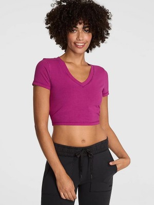 Pink All-Day Pamuklu V Yaka Crop Tişört - Yıkanmış Gül Pembe