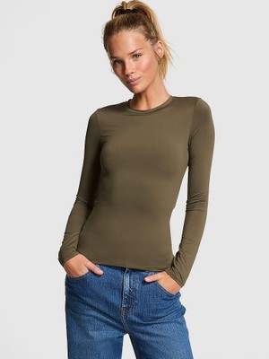 Pink Base Stretch Uzun Kollu Tişört - Zeytin Yeşili