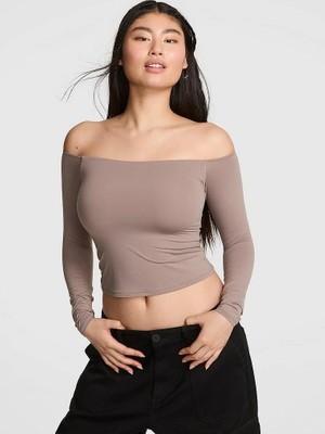 Pink Base Esnek Omuzları Açık Uzun Kollu Üst - Buzlu Kahve