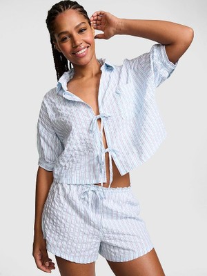 Pink Coastal Cutie Önden Bağlamalı Pijama Üstü - Mavi Çizgili