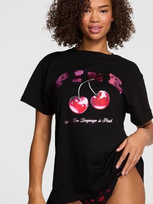 Pink Oversize Kısa Kollu Kampüs Tişört - (Tek Renk)