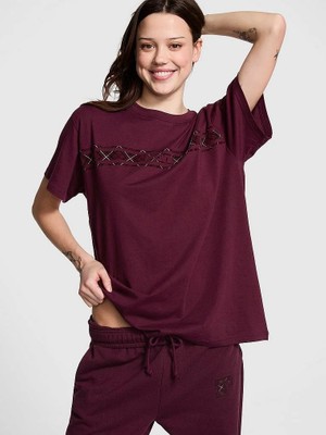 Pink Oversize Kısa Kollu Kampüs Tişört - Bordo
