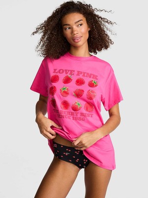 Pink Oversize Kısa Kollu Kampüs Tişört - Pembe