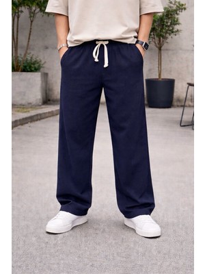 Zueofficial Erkek Lacivert Baggy Fit Eşofman Altı Nefes Alan Dokulu Kumaş Rahat Kalıp