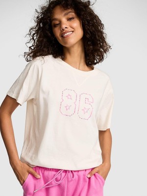 Pink Retro Pamuklu Tişört - Baskılı Kış Beyazı