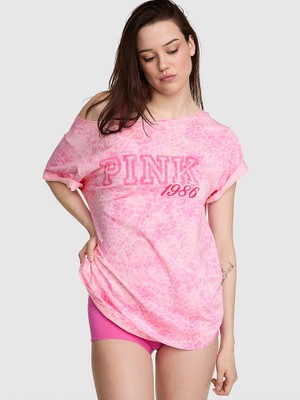 Pink Pamuklu Omzu Açık Tişört - Pembe Leoparlı