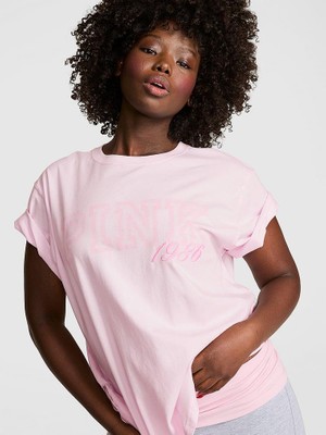Pink Oversize Kısa Kollu Kampüs Tişört - Pembe Lale