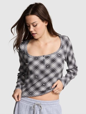 Pink Termal Henley Pijama Üstü - Gri Ekoseli