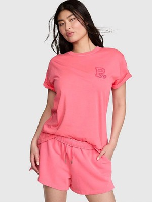 Pink Oversize Kısa Kollu Kampüs Tişört - Canlı Pembe
