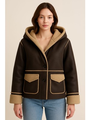 Palenaole Butik Kadın Koyu Kahverengli Shearling Görünümlü Kürklü Şerit Detaylı Kısa Mont