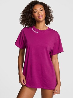 Pink Oversize Kısa Kollu Kampüs Tişört - Koyu Fuşya