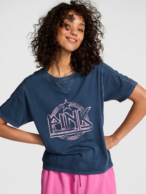 Pink Retro Pamuklu Tişört - Mavi Pink Baskılı