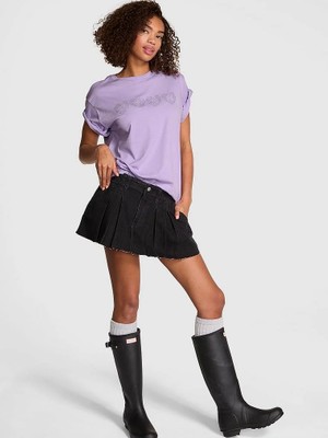 Pink Oversize Kısa Kollu Kampüs Tişört - Mor