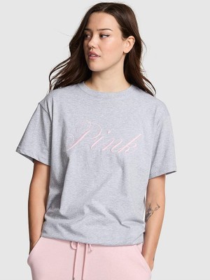 Pink Oversize Kısa Kollu Kampüs Tişört - (Tek Renk)