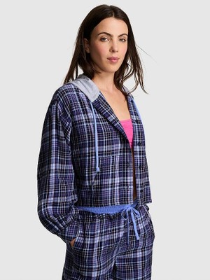 Pink Flanel Kapüşonlu Uzun Kollu Üst - Mavi Ekose