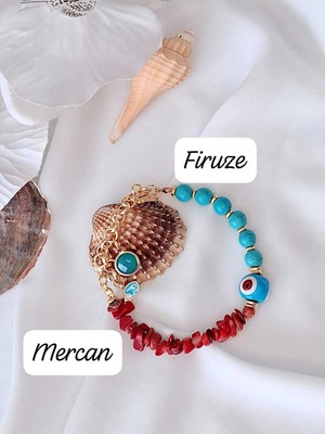 İpar Aksesuar Turkuaz Firuze & Kırmızı Mercan Doğal Taş Kadın Bileklik