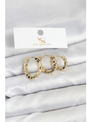 Pirinç Gold Renk Zirkon Taşlı Petek Halka Model Ysx Trio Küpe Seti