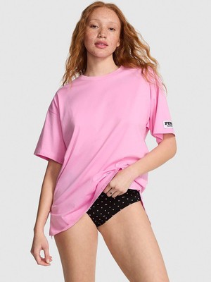 Pink Pamuklu Oversize Yırtmaç Detaylı Uyku Tişörtü - (Tek Renk)