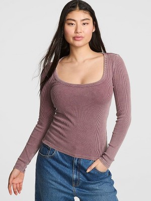 Pink Vintage Ribanalı Uzun Kollu Tişört - Yabani Gül