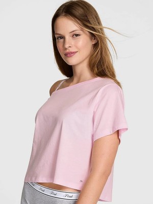 Pink Bol Kesim Crop Tişört - Pembe Lale