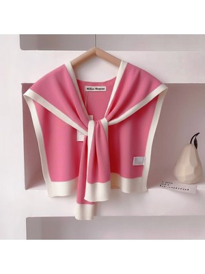 Eleva Glam Yeni Stil Triko Omuz Şalı Pembe Beyaz Desenli
