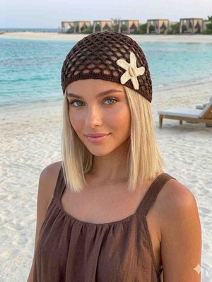 Happy Handmade Kahverengi Viral Kroşe File Şapka /tatil/yazlık Şapka/plaj/deniz/özel Tasarım Hediyelik