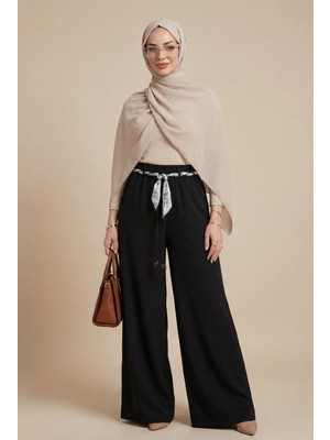 Moda Morfo Bol Paça Beli Lastikli Kemerli Cepli Keten Pantolon  -Siyah
