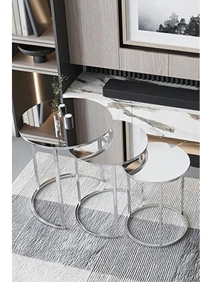 Eryalux Home 3'lü Gümüş Metal Düz Ayna Zigon Sehpa