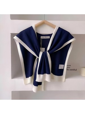 Eleva Glam Yeni Stil Triko Omuz Şalı Lacivert Beyaz Desenli