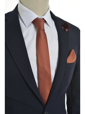 Brianze Kiremit Renkli Kravat Mendil Yaka Çiçeği Set %100 Microfiber Şık ve Özel Günler İçin