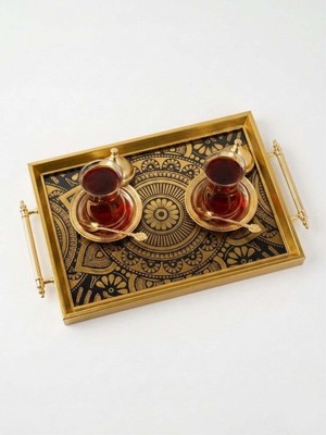 altabi Dijital Baskılı Cam Servis Tepsisi – Ihtişam Motifli, Metal Kulplu 46X28 cm