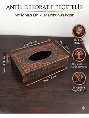 Art By Aslı Antik Bakır Görünümlü Dekoratif Peçetelik - Etnik Desenli Kırılmaz Masaüstü Peçete Kutusu - 25X15 cm Premium Seri