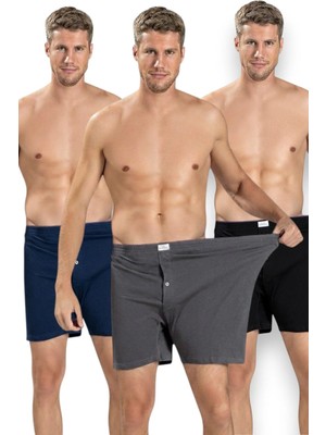 FANİLAM Jiber Erkek Büyük Beden Penye Boxer 3'lü Paket - Düğmeli Battal Boy Rahat Kesim Boxer