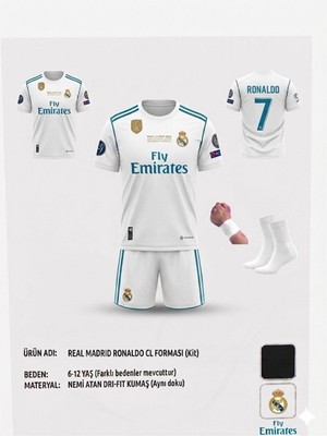 Yenteks Cristiano Ronaldo Real Madrid 2018 Beyaz  Çocuk Forma Takımı 4 Parça Çorap+Bileklik Hediye