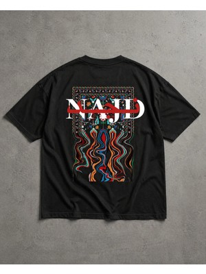 Oversize Siyah Tişört – “najd” Sırt Baskı Halı Desenli, %100 Pamuk, Unisex Streetwear