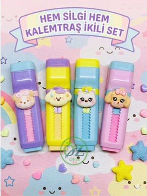 ÖZ OFİS Sweet Animals Temalı Kalemtıraşlı Silgi  - Yumuşak & Iz Bırakmayan Silgi - Kaliteli Hazneli Kalemtıraş - Tekli