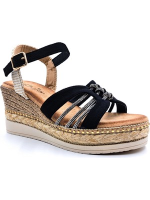 Guja G26Y231 Espadril ve Taş Detaylı Dolgu Topuk Siyah Kadın Sandalet Ayakkabı