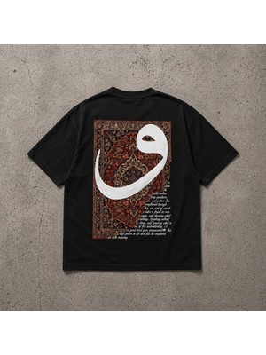 Oversize Siyah Tişört Vav Yazılı Halı Desenli Arka Baskı Unisex %100 Pamuk