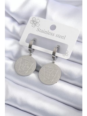 Renas Store 316L Çelik Gümüş Renk Pentagram Işleme Model Kadın Küpe - TJ-BKP7924