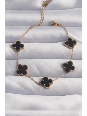 Renas Store 316L Çelik Gold Renk Siyah Mineli Yonca Bileklik - TJ-BB6258