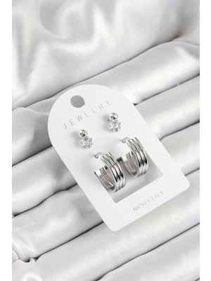 Renas Store Pirinç Zirkon Taş Halka Figürlü Gümüş Renk 3'lü Çift Kadın Küpe Set - TJ-BKP10649