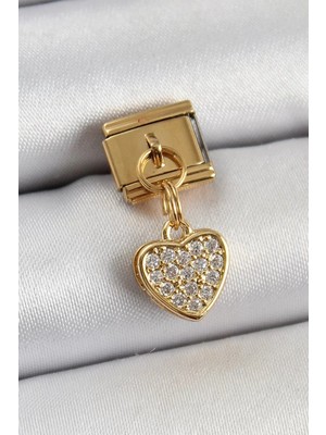 Renas Store 316L Çelik Sallantılı Zirkon Taşlı Model Gold Renk Nomination Charm - TJ-BC1401