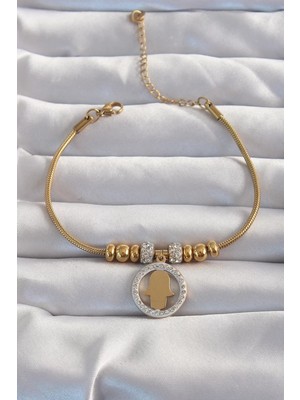 Renas Store 316L Çelik Gold Renk Zirkon Taş Aksesuarlı Fatma Ana Eli Bileklik - TJ-BB6233
