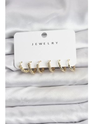 Renas Store Gold Renk Pirinç Zirkon Taşlı Kadın Küpe Seti - TJ-BKP11477