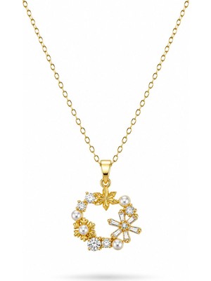 Serelya 316L Çelik Zincir Gold Renk Incili Çiçek Model Kadın Koyle